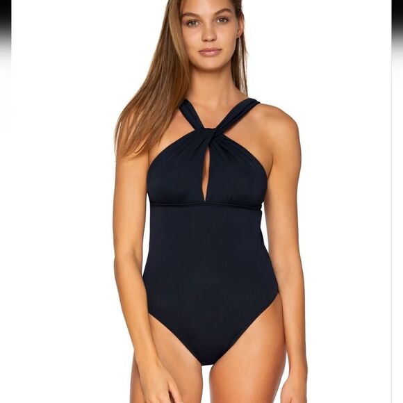 Becca by Rebecca Virtue Fine Line Tessa Crossover High Neck One-Piece Size small - Picture 14 of 15